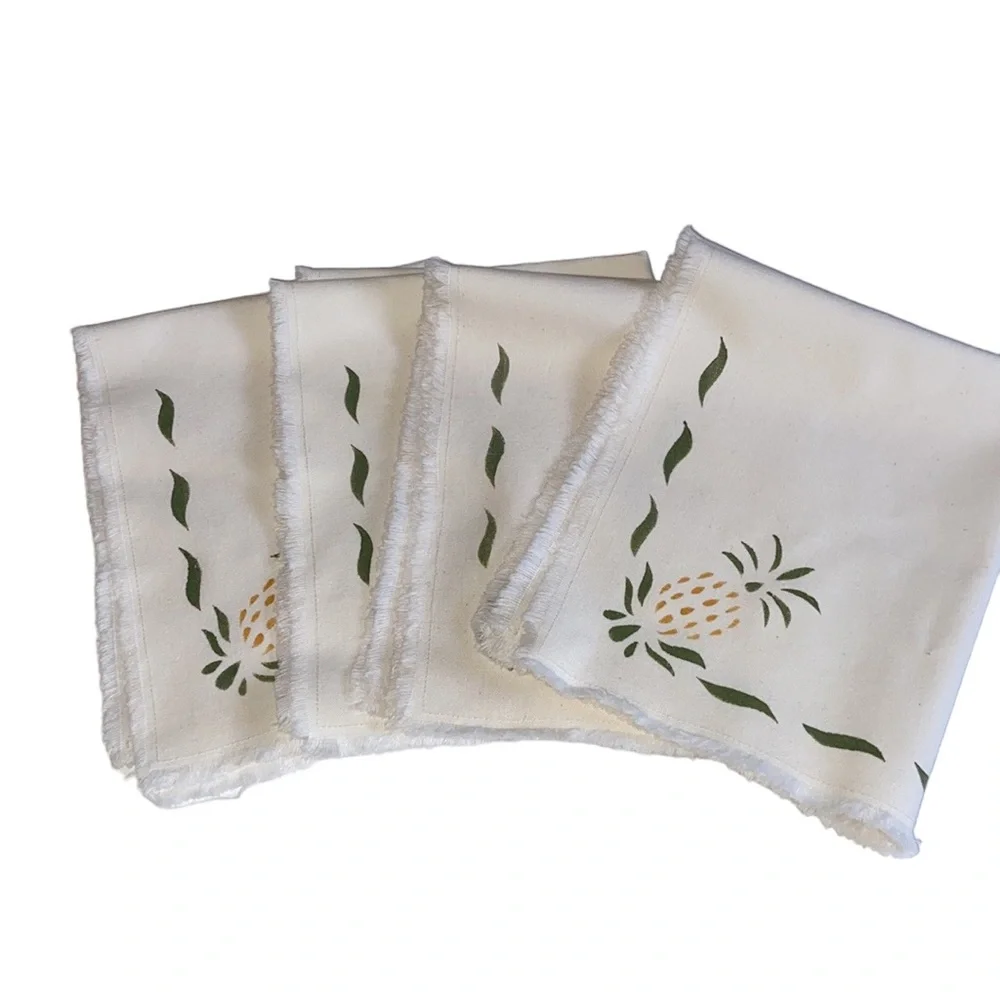 Set of 4 Handpainted Stenciled Pineapple Cloth Napkins or Placemats Raw hem